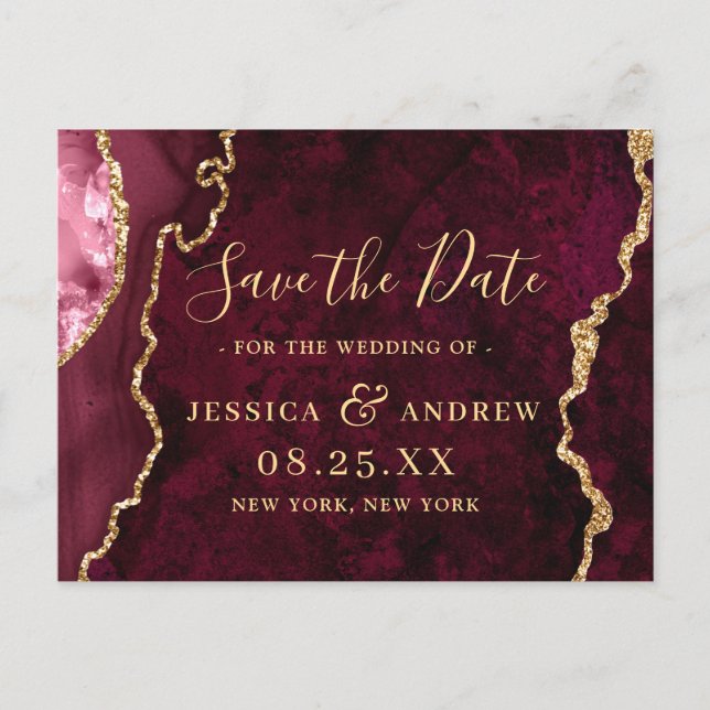 Modern Gold Burgundy Agate Wedding Save the Date Postcard (Front)