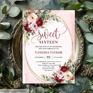 Modern Gold Burgundy Floral Sweet Sixteen Card