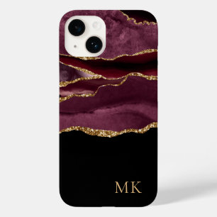 Modern Gold & Burgundy Marble Agate Monogram Case-Mate iPhone 14 Case