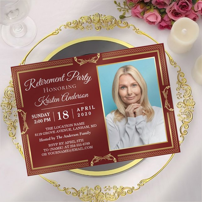 Modern Gold Burgundy Photo Retirement Party Invitation (Creator Uploaded)
