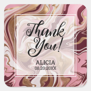 Modern Gold Burgundy Pink Marble Fluid Thank You Square Sticker