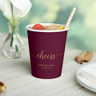 Modern Gold & Burgundy Red Lettering Cheers Party Paper Cups