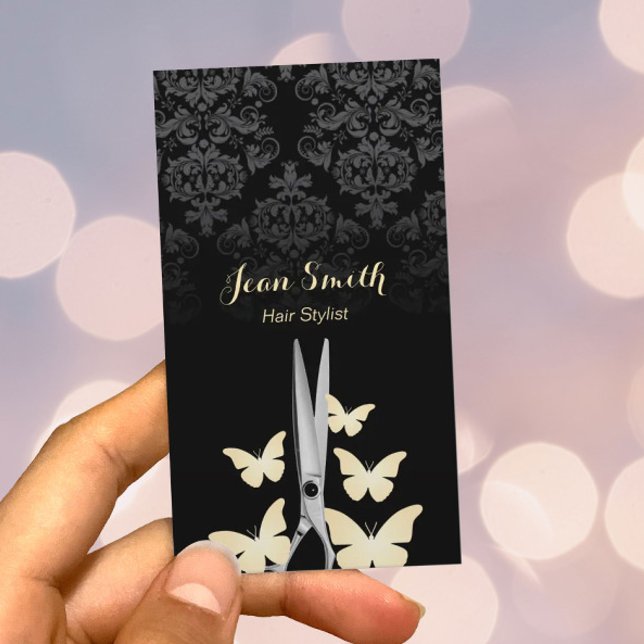 Modern Gold Butterflies Dark Damask Hair Stylist Business Card (Creator Uploaded)