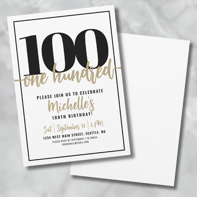 Modern Gold Calligraphy 100th Birthday Party Invitation (Modern 100th Birthday Party Invitation)