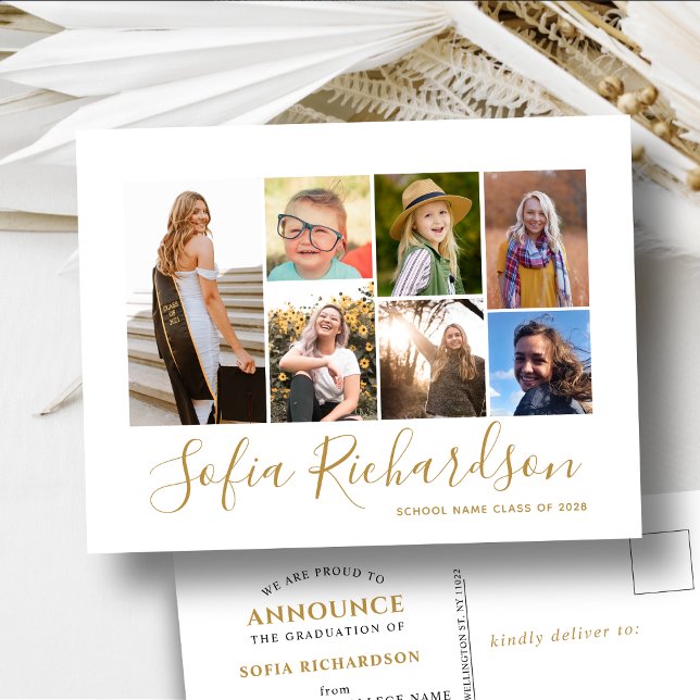 Modern Gold Calligraphy 7 Photo Simple Graduation Announcement Postcard (Creator Uploaded)