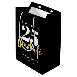 Modern Gold Calligraphy Black Graduation Medium Gift Bag