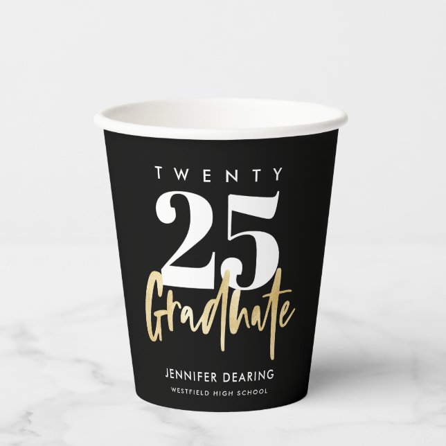 Modern Gold Calligraphy Black Graduation Paper Cups (Front)