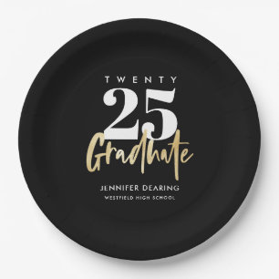 Modern Gold Calligraphy Black Graduation Paper Plate