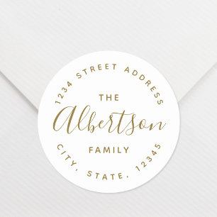 Modern Gold Calligraphy Family Name Return Address Classic Round Sticker