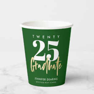 Modern Gold Calligraphy Green Graduation Paper Cups