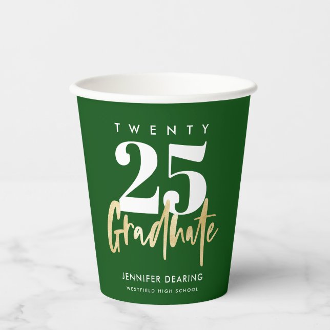 Modern Gold Calligraphy Green Graduation Paper Cups (Front)