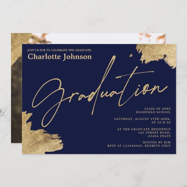 Modern gold calligraphy navy blue photo graduation invitation (Front/Back)