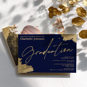 Modern gold calligraphy navy blue photo graduation invitation