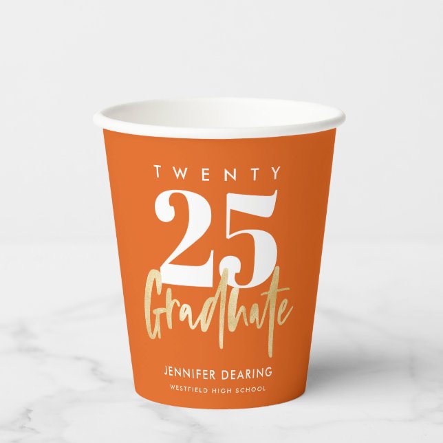 Modern Gold Calligraphy Orange Graduation Paper Cups (Front)