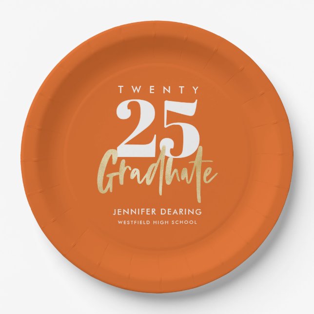 Modern Gold Calligraphy Orange Graduation Paper Plate (Front)