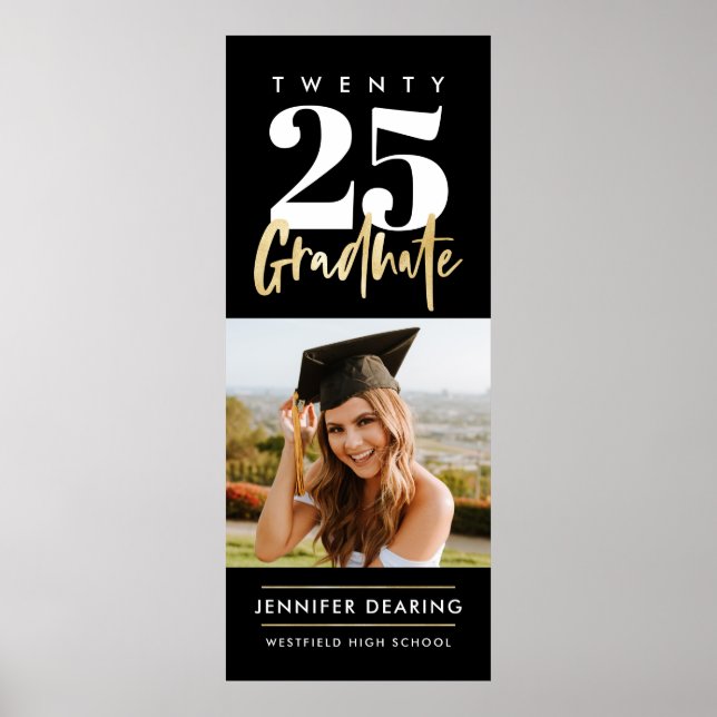 Modern Gold Calligraphy Photo Black Graduation Poster (Front)