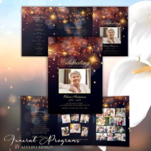 Modern Gold Calligraphy Photo Funeral Program Tri-Fold Invitation