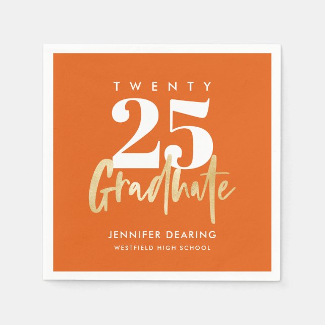Modern Gold Calligraphy Photo Orange Graduation Napkin (Front)