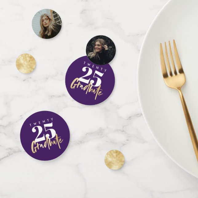 Modern Gold Calligraphy Photo Purple Graduation Confetti (Group)