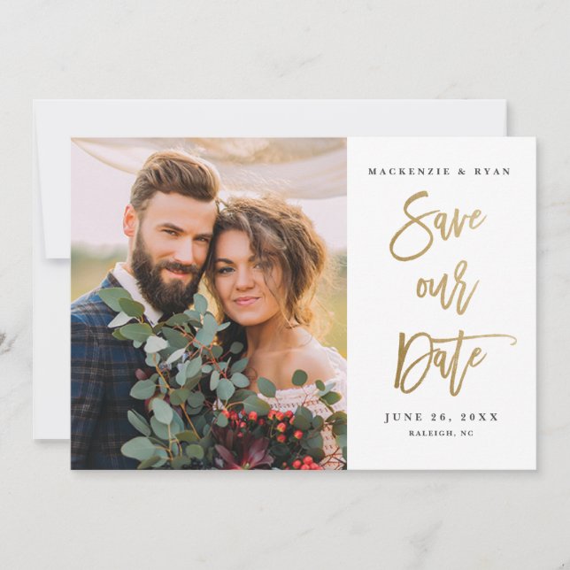 Modern Gold Calligraphy Photo Wedding Save The Date (Front)