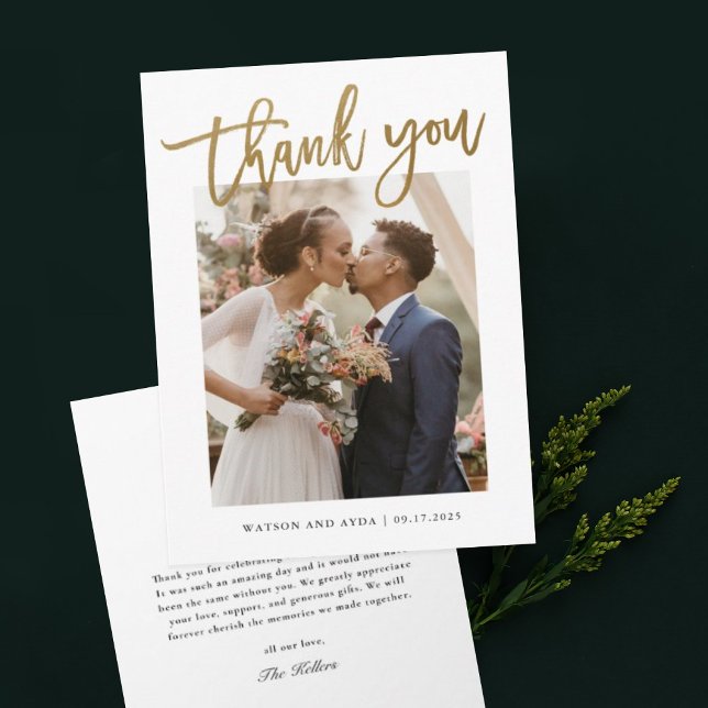 Modern Gold Calligraphy Photo Wedding  Thank You Card (Creator Uploaded)