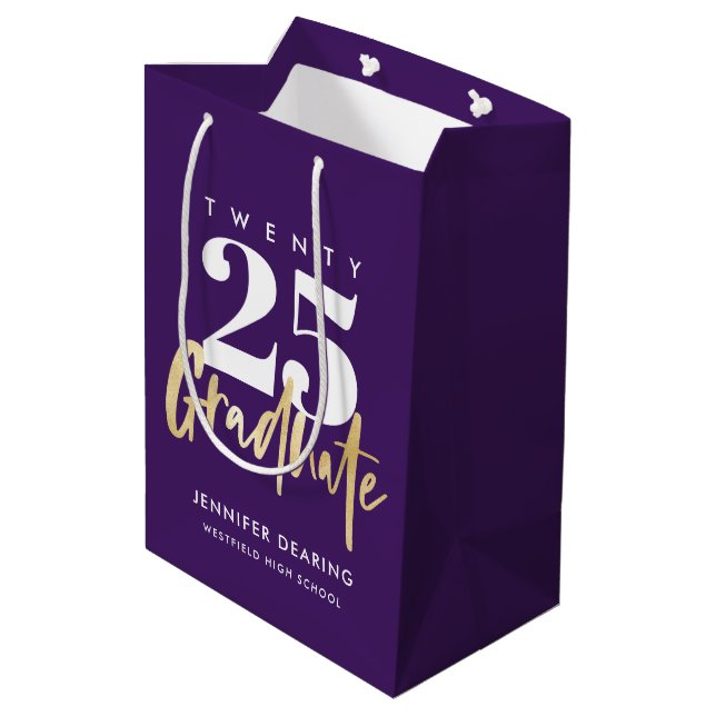 Modern Gold Calligraphy Purple Graduation Medium Gift Bag (Back Angled)