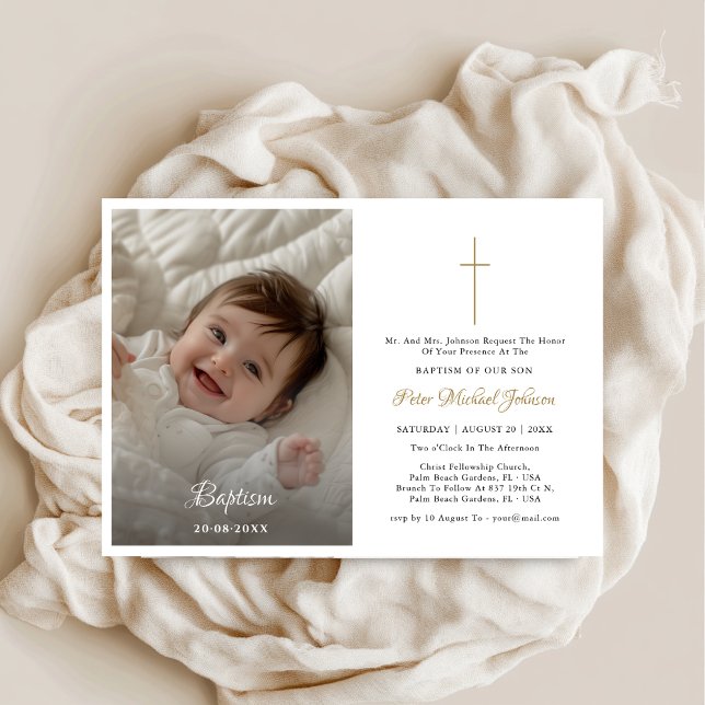Modern Gold Catholic Religion Infant Baptism Photo Invitation (Creator Uploaded)