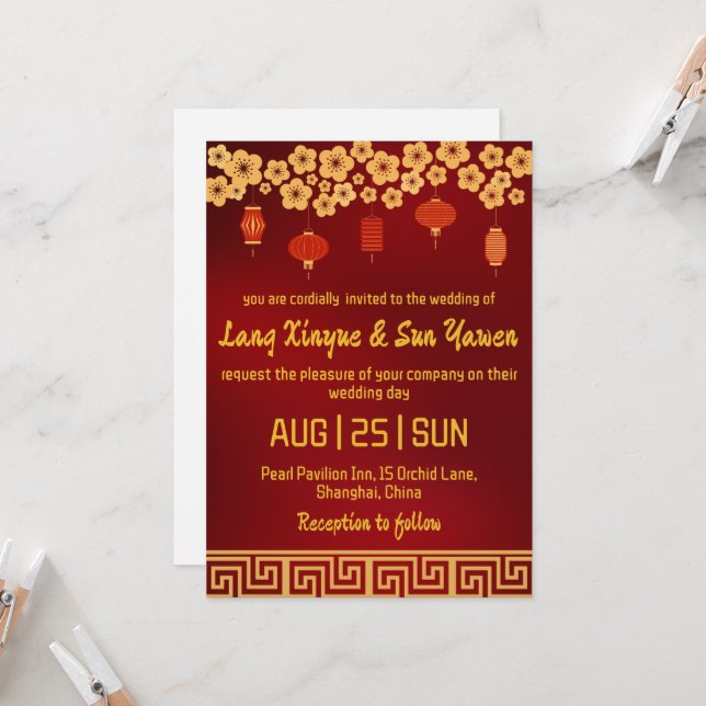 modern gold chinese wedding invitation (Front/Back In Situ)