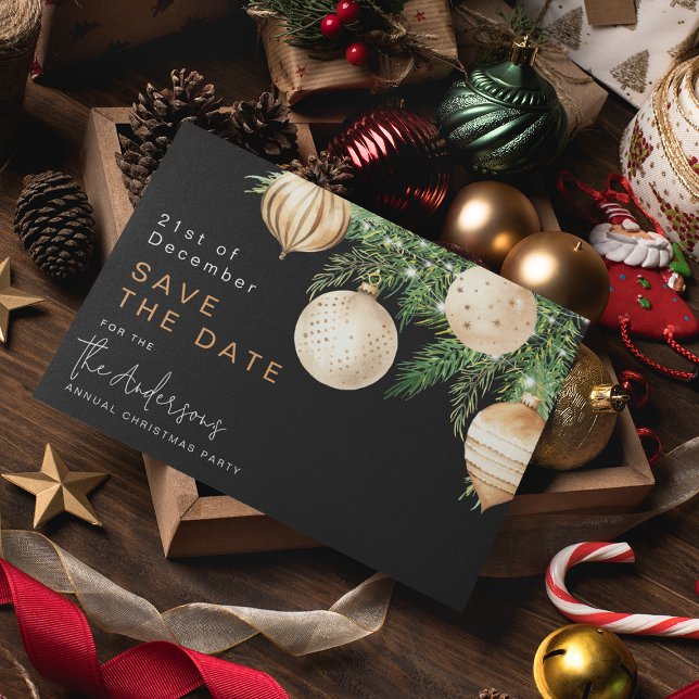 Modern Gold Christmas Bauble Save The Date Holiday Postcard (Creator Uploaded)