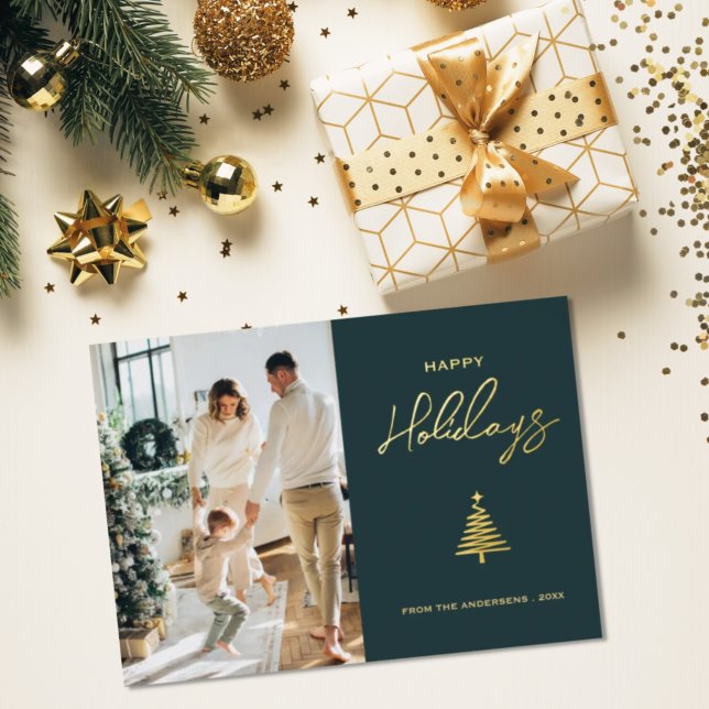 Modern Gold Christmas Tree One Photo Foil Holiday Card (Creator Uploaded)
