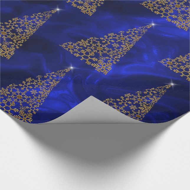 Modern Gold Christmas Trees on Blue Silk Wrapping Paper (Corner)