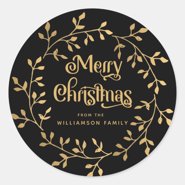 Modern Gold Christmas Wreath Black Envelope Seal (Front)