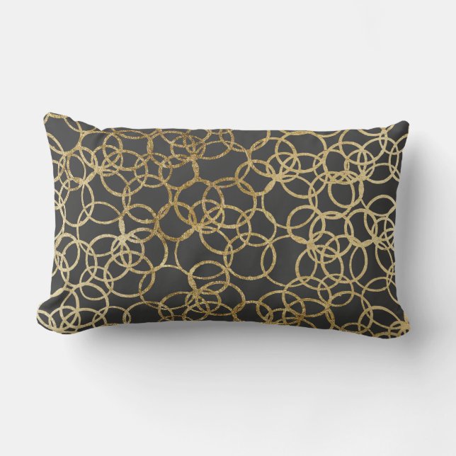 Modern Gold Circles on Charcoal Black Lumbar Cushion (Front)