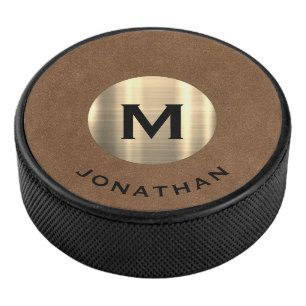 Modern Gold Classic Monogram Name Hockey Puck