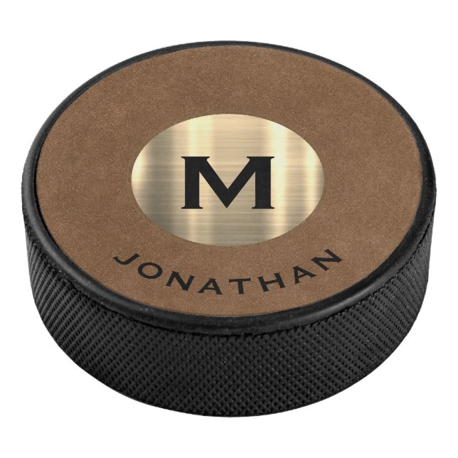 Modern Gold Classic Monogram Name Hockey Puck (3/4)
