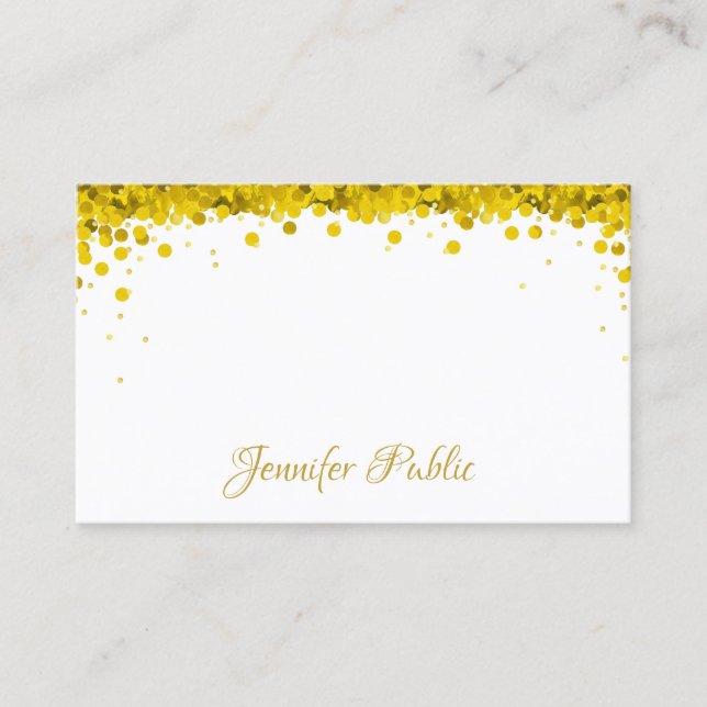 Modern Gold Confetti Hand Script Text Template Business Card (Front)