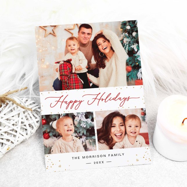 Modern Gold Confetti Happy Holidays Script 3 Photo Holiday Card (Creator Uploaded)