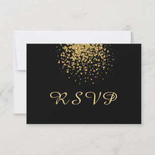 Modern Gold Confetti on Black RSVP Card