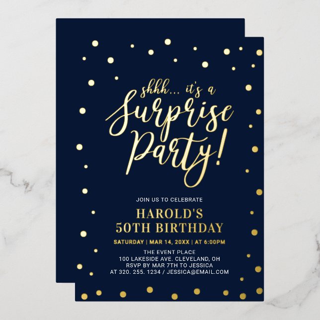 Modern Gold Confetti Surprise Birthday Party (Front/Back)
