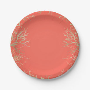 Modern Gold Coral Orange Elegant Beach Wedding Paper Plate