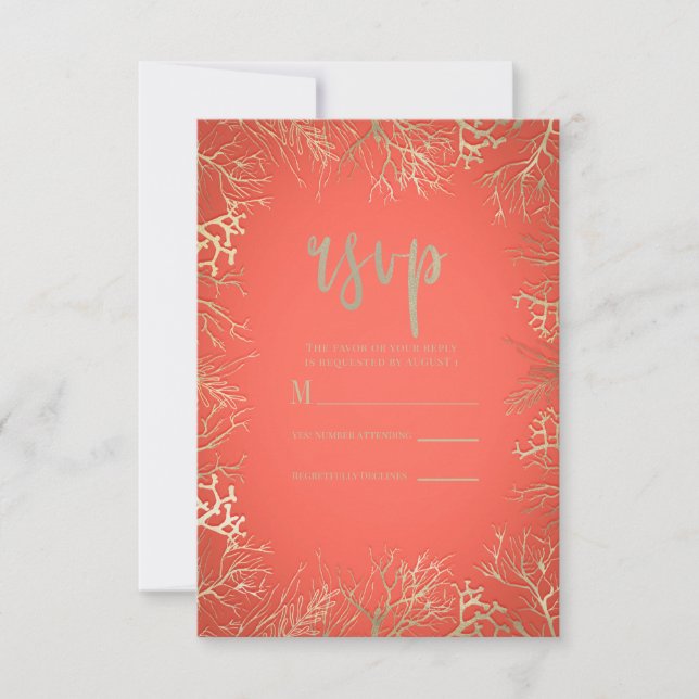 Modern Gold Coral Orange Elegant Beach Wedding RSVP Card (Front)