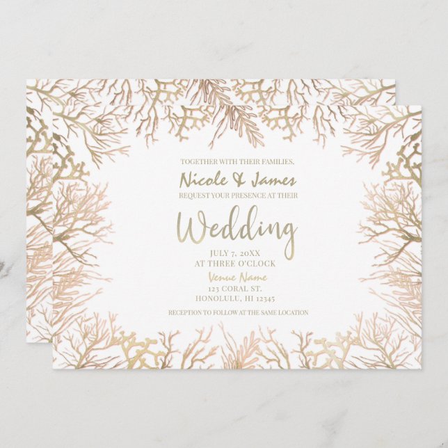 Modern Gold Coral White Elegant Beach Wedding  Invitation (Front/Back)