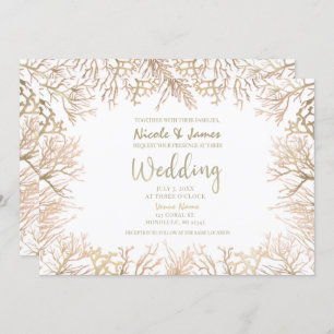 Modern Gold Coral White Elegant Beach Wedding Invitation
