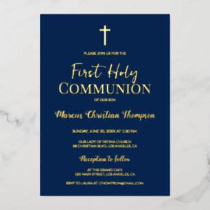 Modern Gold Cross Blue first holy communion