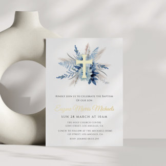 modern gold cross blue floral baptism