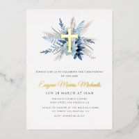 modern gold cross blue floral christening