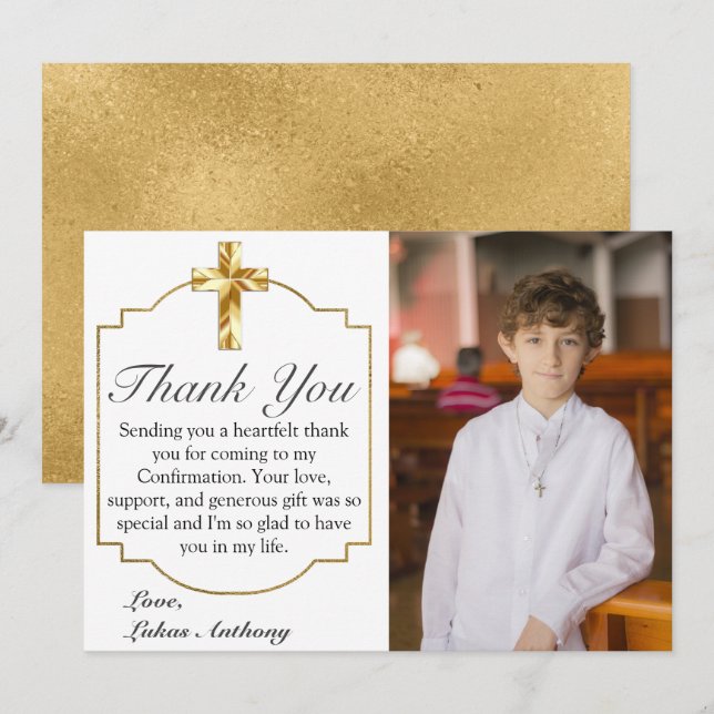 Modern Gold Cross Boy's Confirmation Photo  Thank You Card (Front/Back)