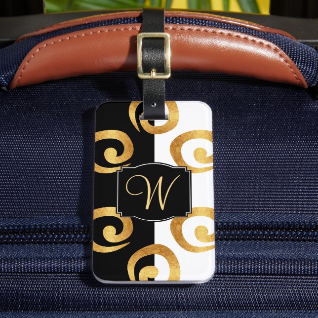 Modern Gold Curls Pattern with Custom Monogram Luggage Tag (Front Insitu 2)