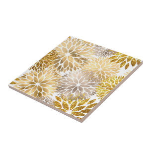 Modern Gold Dahlia Floral Ceramic Tile