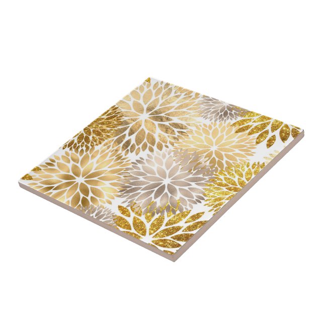 Modern Gold Dahlia Floral Ceramic Tile (Side)